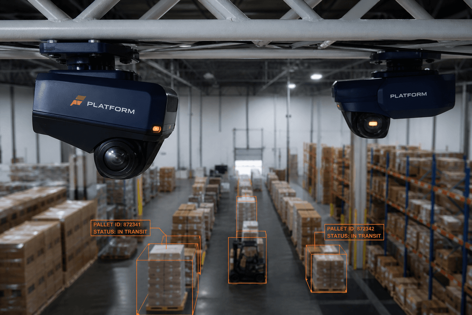Warehouse cameras with orange status lights looking down a freight aisle