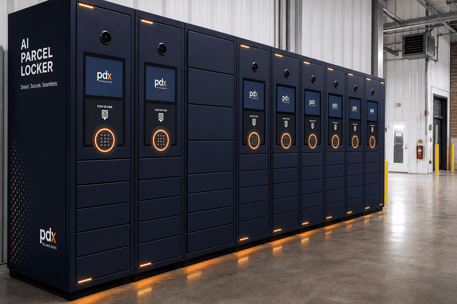Bank of navy smart lockers with orange LED rings and keypad cameras