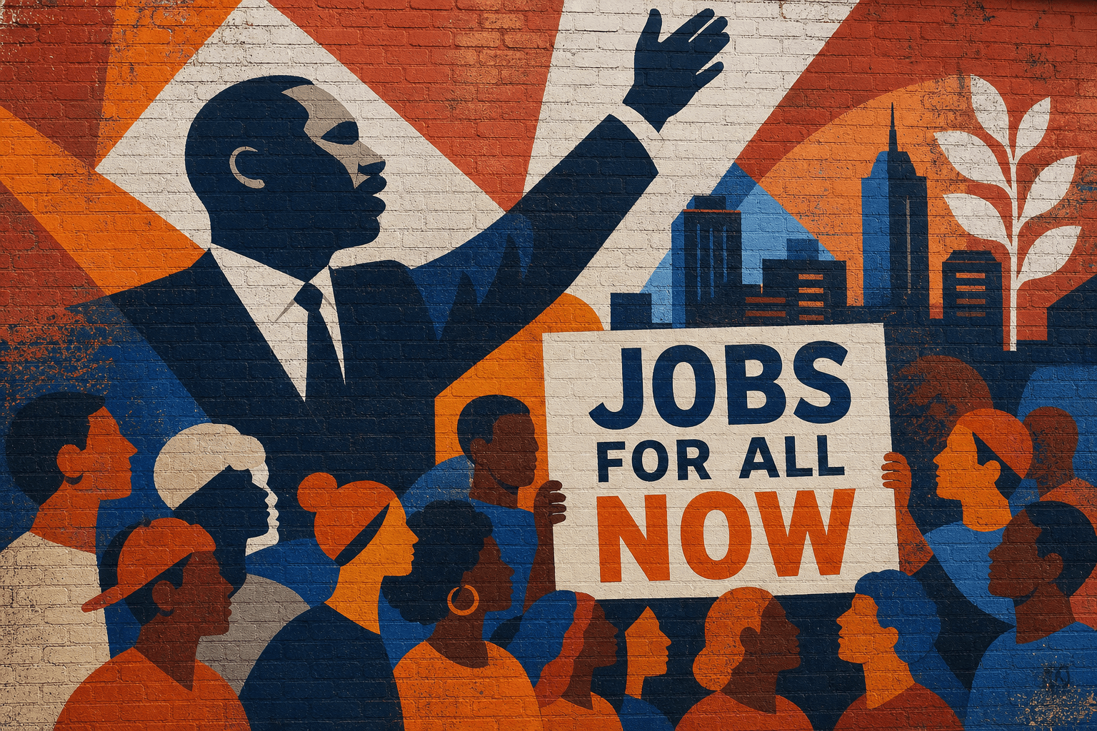 Stylized JOBS FOR ALL NOW community mural in navy, orange, and brick