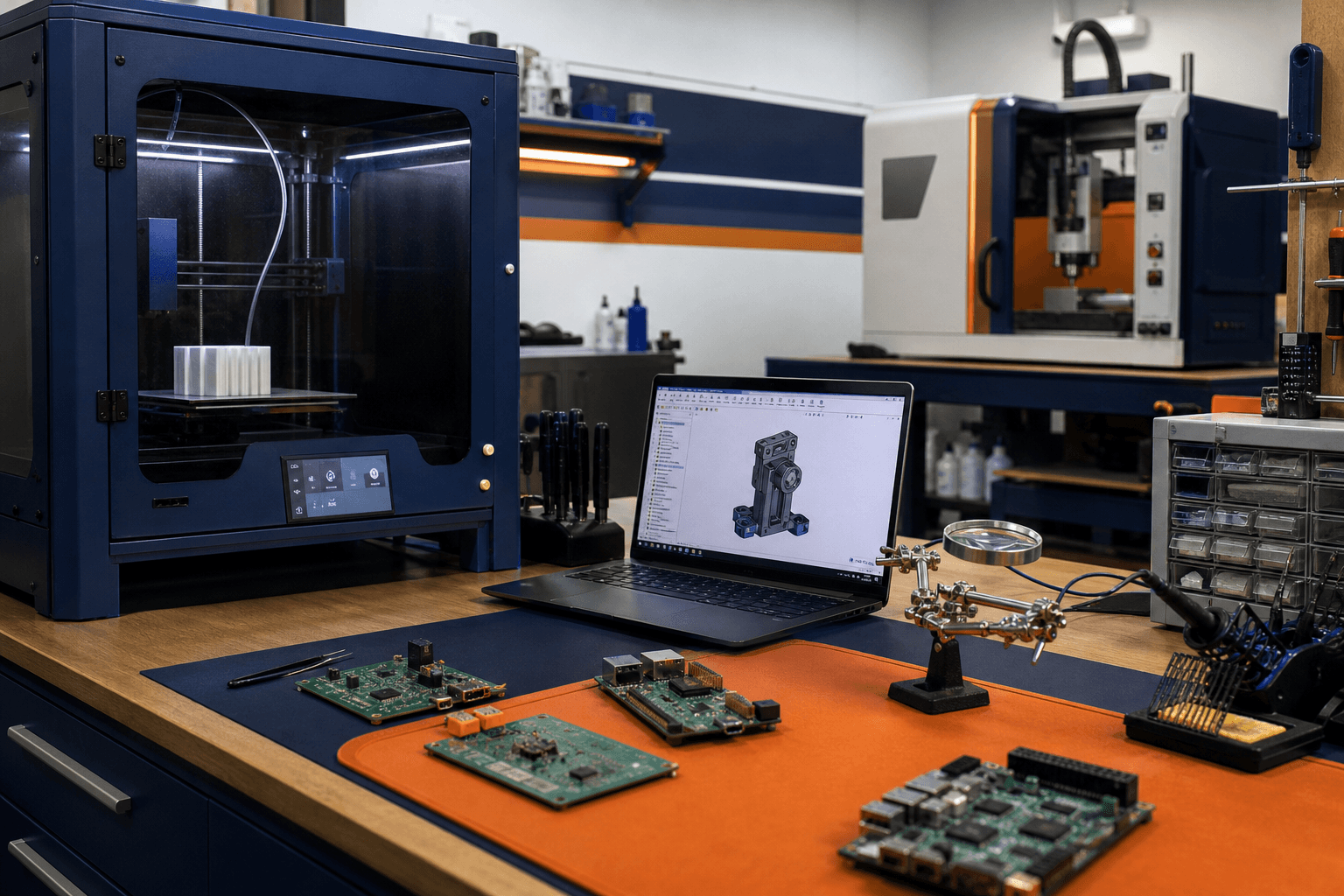 3D printer and electronics bench used for hardware prototyping